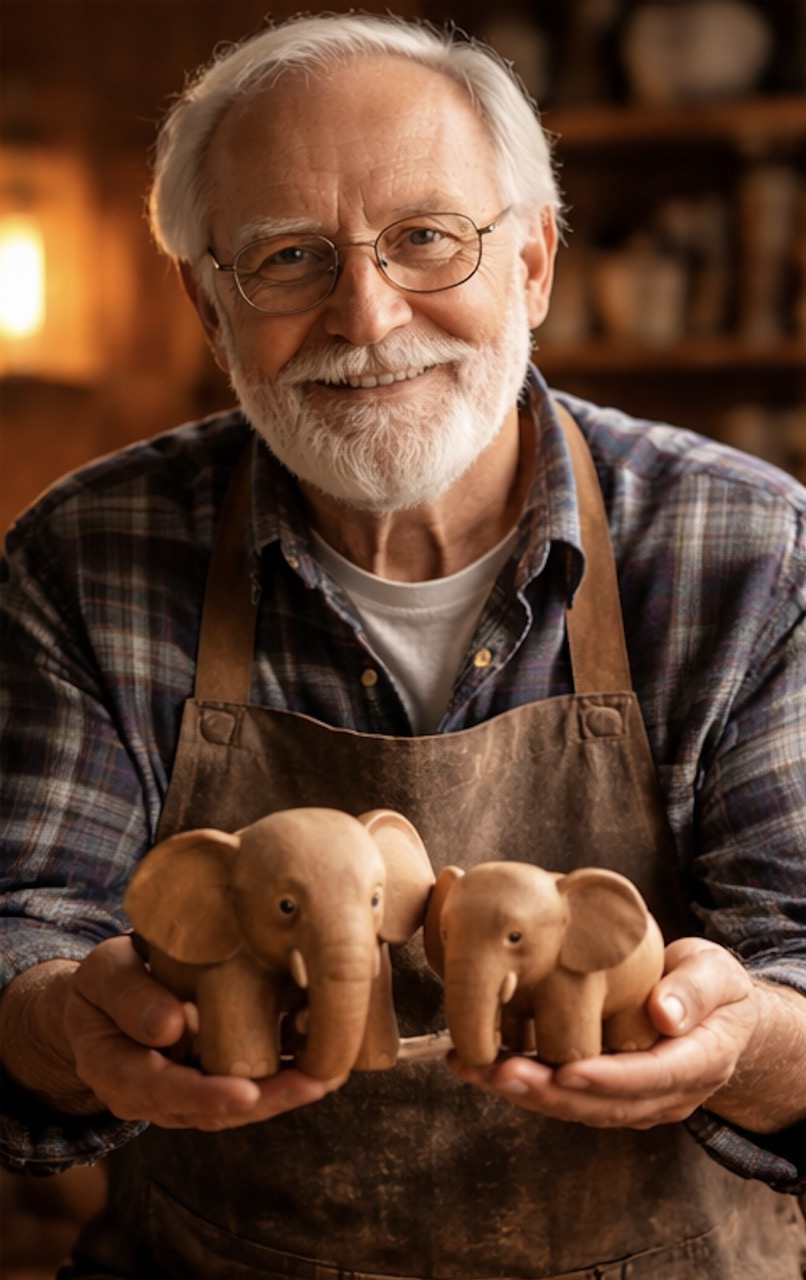 Hands holding small carved wooden elephants